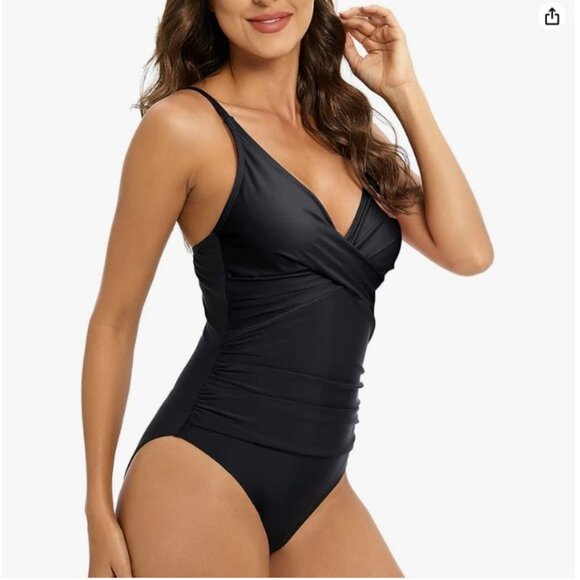 NWT One Piece Swimsuit Front Cross Tummy Control slimming Size L black - Picture 4 of 6